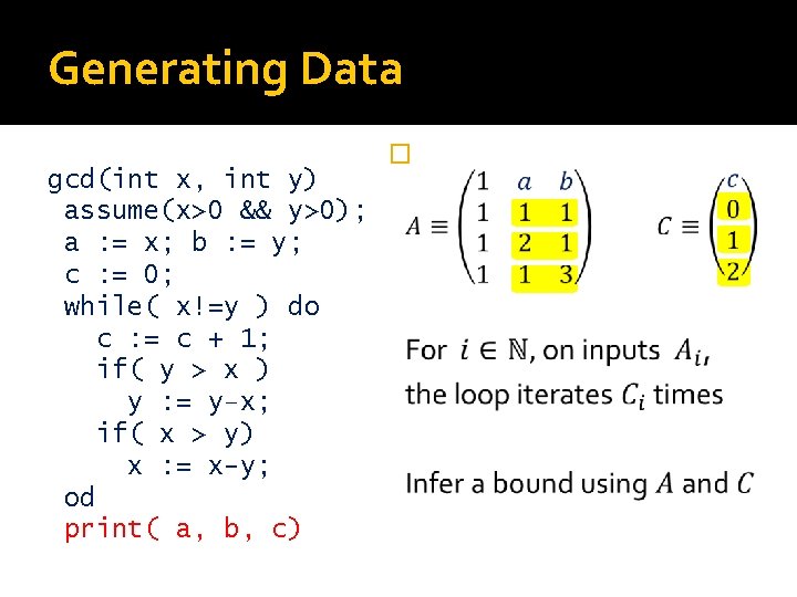 Generating Data gcd(int x, int y) assume(x>0 && y>0); a : = x; b