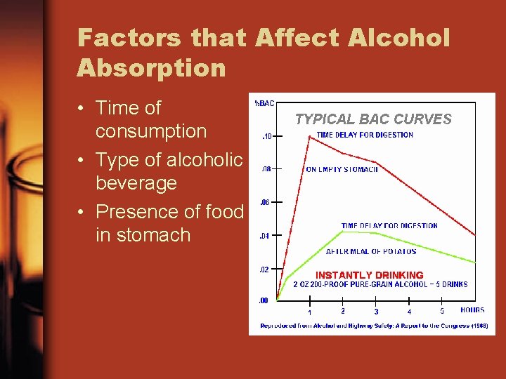 Factors that Affect Alcohol Absorption • Time of consumption • Type of alcoholic beverage