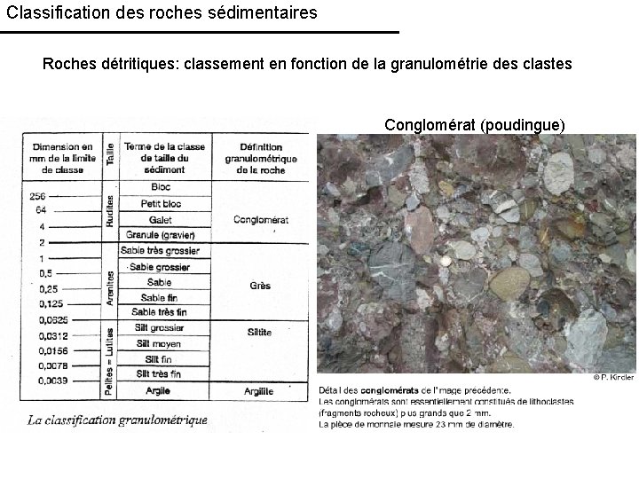 Classification des roches sédimentaires Roches détritiques: classement en fonction de la granulométrie des clastes