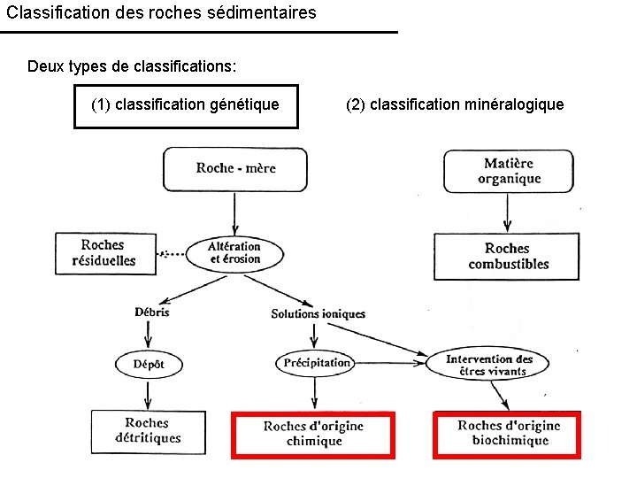 Classification des roches sédimentaires Deux types de classifications: (1) classification génétique (2) classification minéralogique