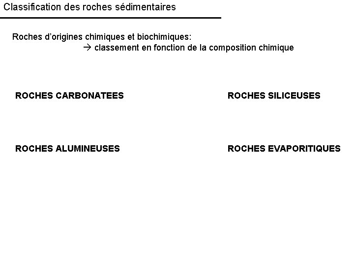 Classification des roches sédimentaires Roches d’origines chimiques et biochimiques: classement en fonction de la