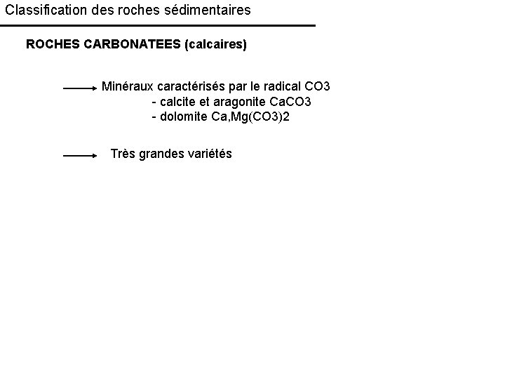 Classification des roches sédimentaires ROCHES CARBONATEES (calcaires) Minéraux caractérisés par le radical CO 3