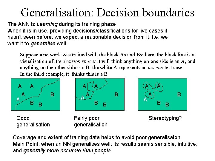 Generalisation: Decision boundaries The ANN is Learning during its training phase When it is