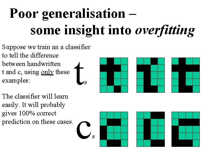 Poor generalisation – some insight into overfitting Suppose we train an a classifier to