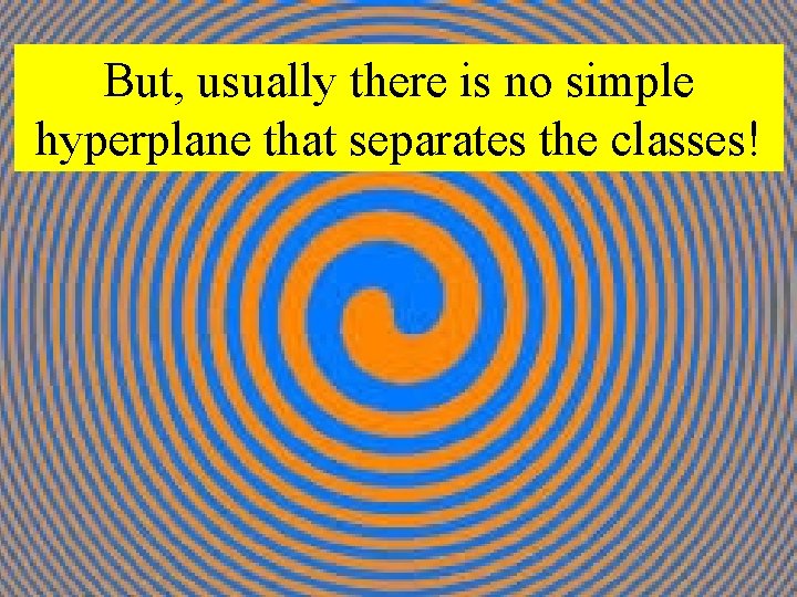 But, usually there is no simple hyperplane that separates the classes! 