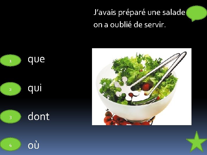 J’avais préparé une salade on a oublié de servir. 1 que 2 qui 3