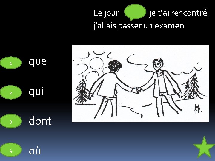 Le jour je t’ai rencontré, j’allais passer un examen. 1 que 2 qui 3