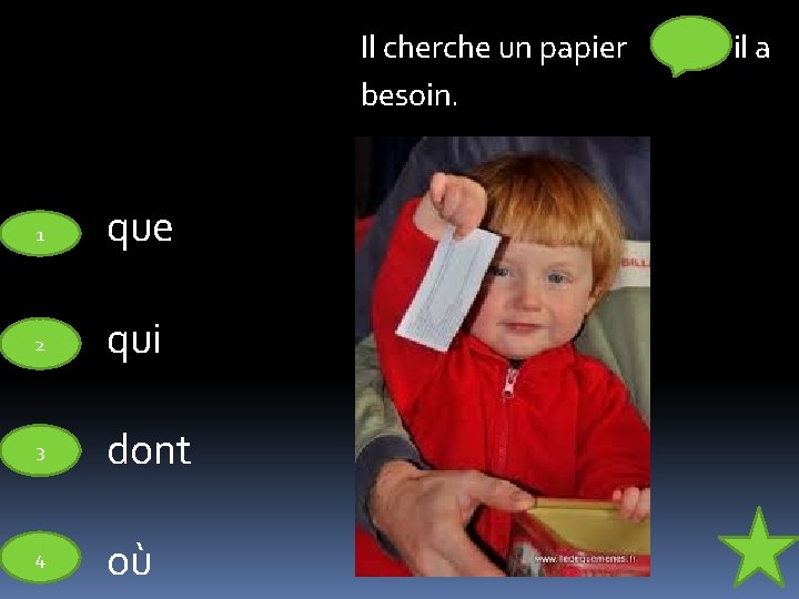 Il cherche un papier besoin. 1 que 2 qui 3 dont 4 où il