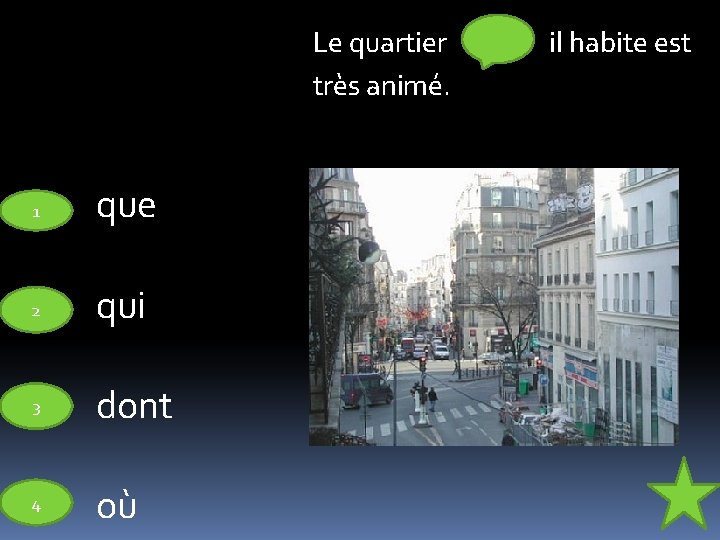 Le quartier très animé. 1 que 2 qui 3 dont 4 où il habite