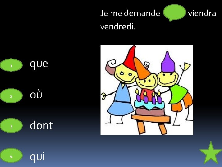 Je me demande vendredi. 1 que 2 où 3 dont 4 qui viendra 