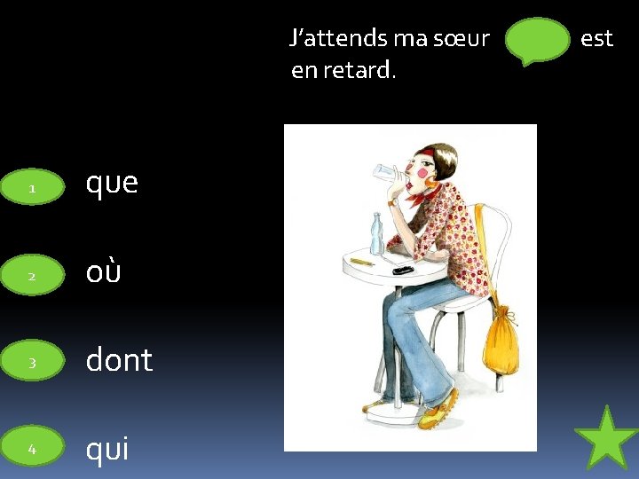 J’attends ma sœur en retard. 1 que 2 où 3 dont 4 qui est