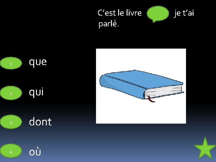 C’est le livre parlé. 1 que 2 qui 3 dont 4 où je t’ai