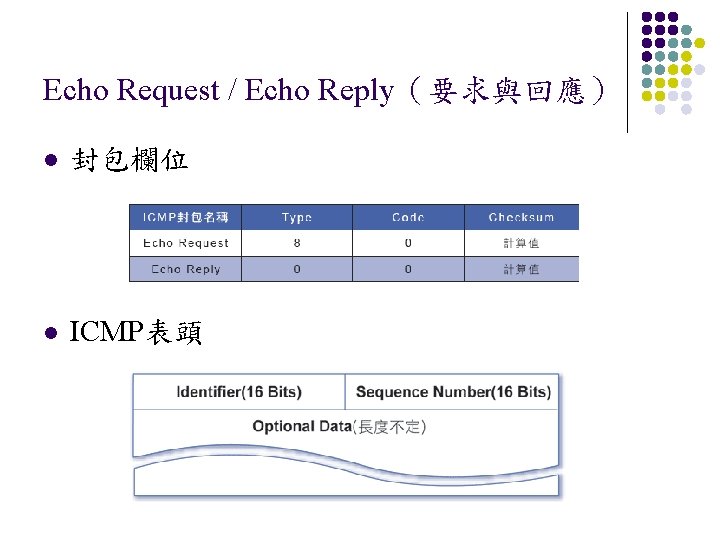 Echo Request / Echo Reply（要求與回應） l 封包欄位 l ICMP表頭 