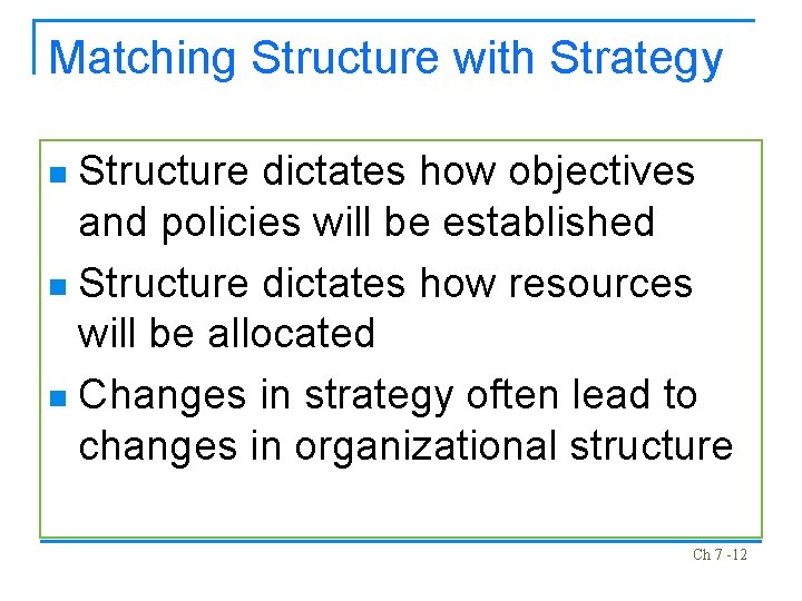 Matching Structure with Strategy Structure dictates how objectives and policies will be established n