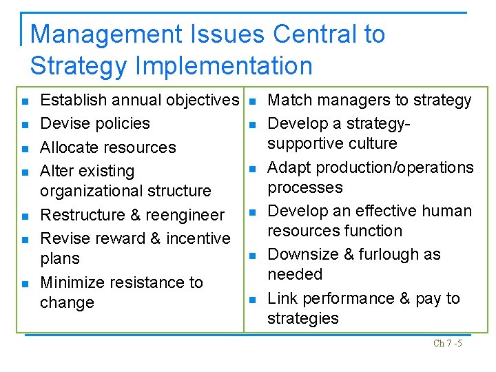 Management Issues Central to Strategy Implementation n n n Establish annual objectives Devise policies
