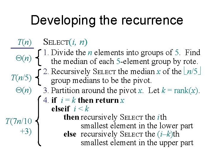 Developing the recurrence T(n) Q(n) T(n/5) Q(n) T(7 n/10 +3) SELECT(i, n) 1. Divide