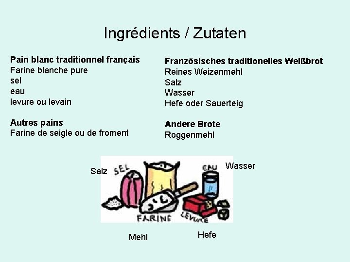 Ingrédients / Zutaten Pain blanc traditionnel français Farine blanche pure sel eau levure ou