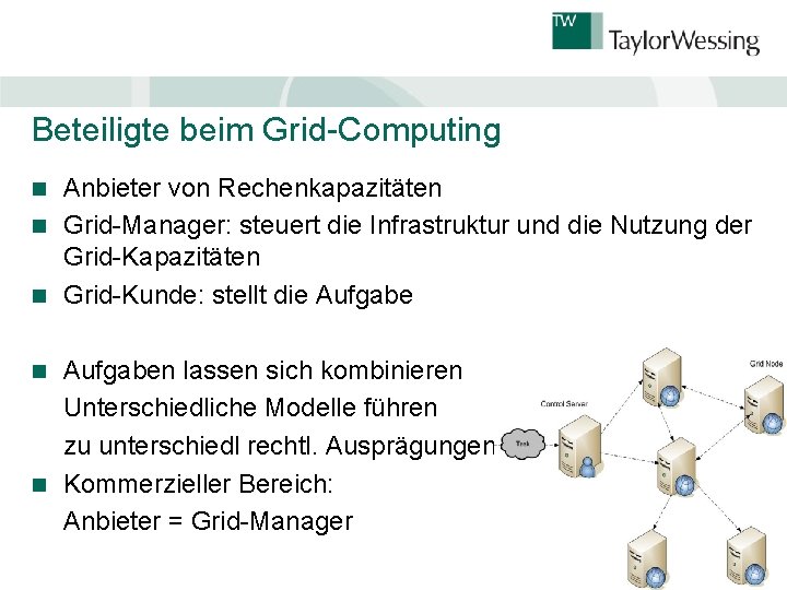 Beteiligte beim Grid-Computing Anbieter von Rechenkapazitäten n Grid-Manager: steuert die Infrastruktur und die Nutzung