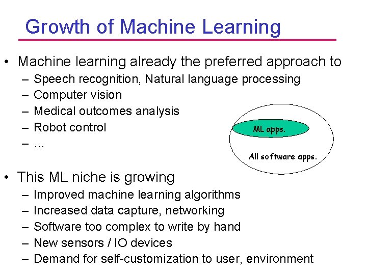Growth of Machine Learning • Machine learning already the preferred approach to – –