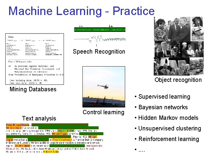 Machine Learning - Practice Speech Recognition Object recognition Mining Databases • Supervised learning Text