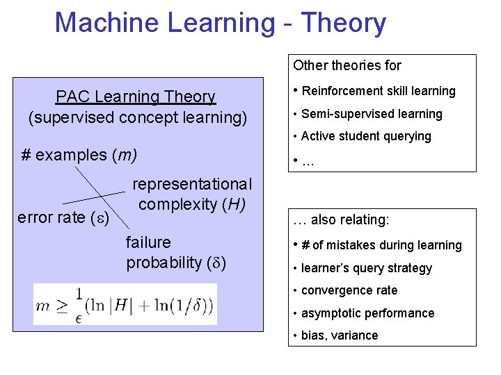 Machine Learning - Theory Other theories for PAC Learning Theory (supervised concept learning) •