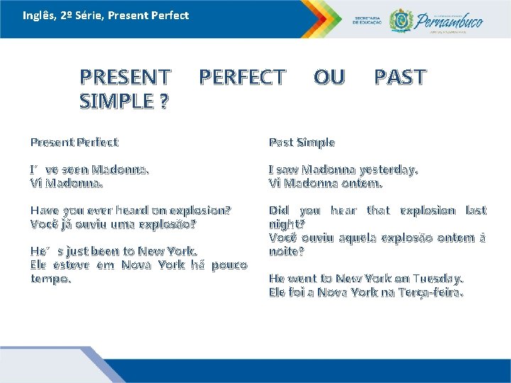 Inglês, 2º Série, Present Perfect PRESENT SIMPLE ? PERFECT OU PAST Present Perfect Past