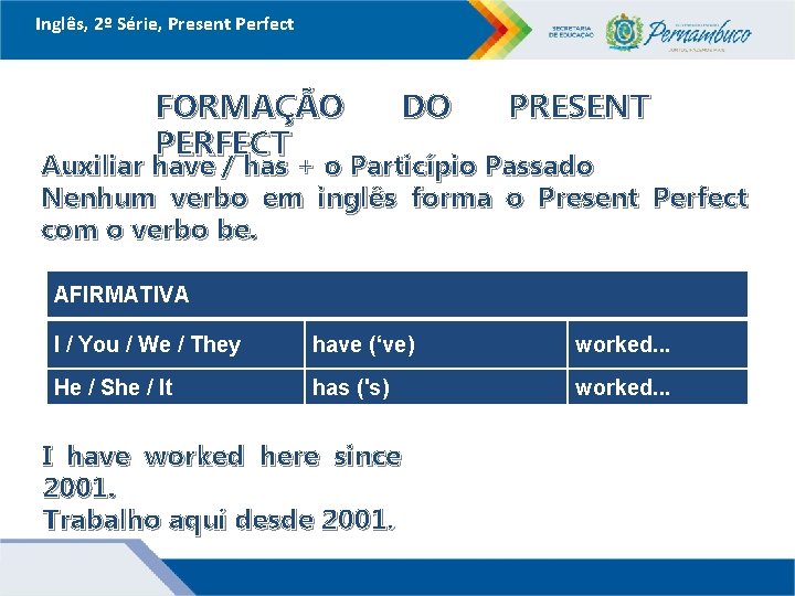 Inglês, 2º Série, Present Perfect FORMAÇÃO PERFECT DO PRESENT Auxiliar have / has +