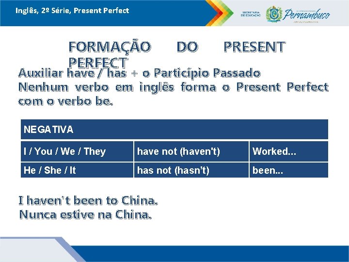 Inglês, 2º Série, Present Perfect FORMAÇÃO PERFECT DO PRESENT Auxiliar have / has +