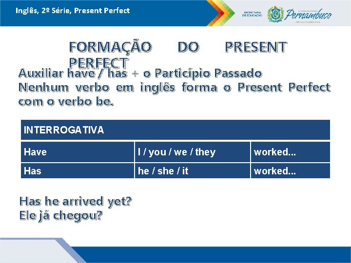 Inglês, 2º Série, Present Perfect FORMAÇÃO PERFECT DO PRESENT Auxiliar have / has +