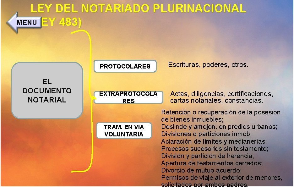 LEY DEL NOTARIADO PLURINACIONAL MENU (LEY 483) PROTOCOLARES EL DOCUMENTO NOTARIAL EXTRAPROTOCOLA RES TRAM.