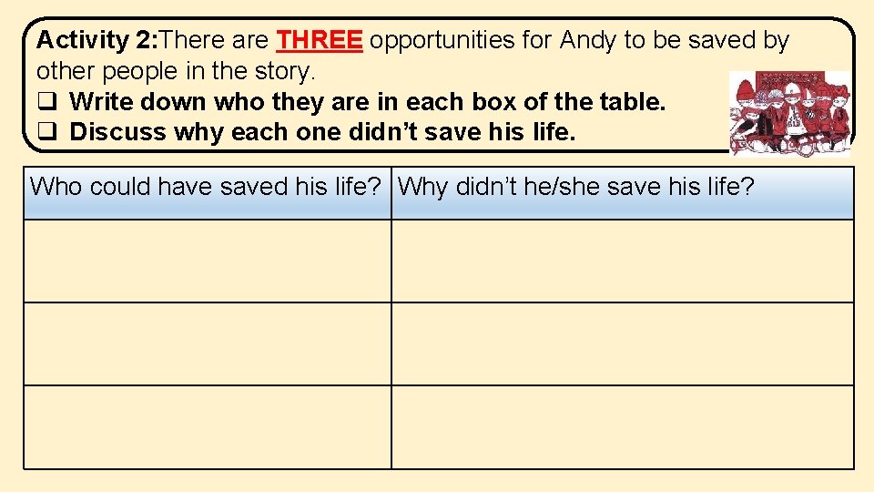Activity 2: There are THREE opportunities for Andy to be saved by other people Activity 2: There are THREE opportunities for Andy to be saved by other people