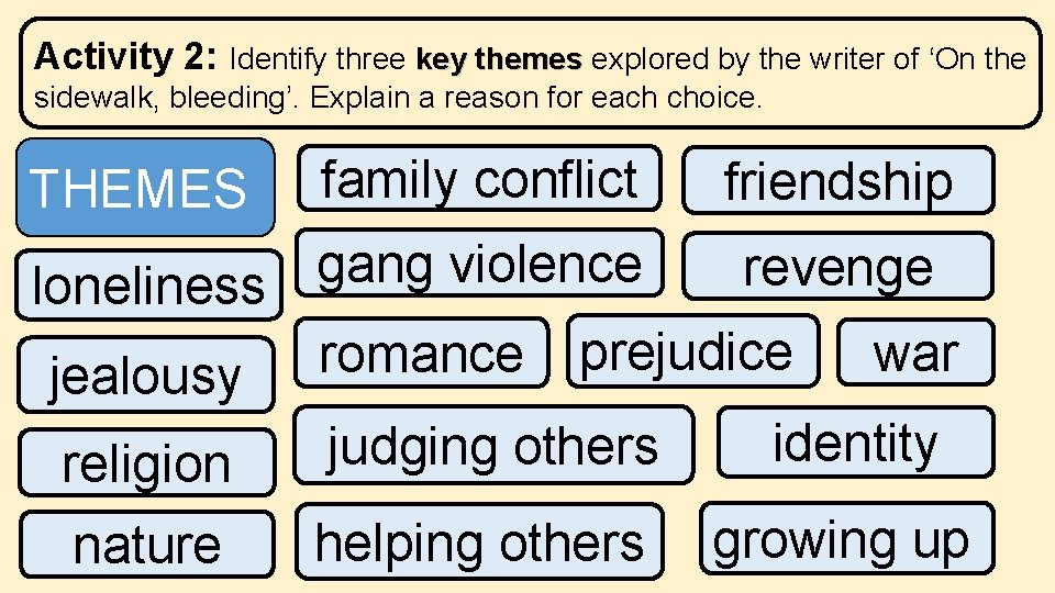 Activity 2: Identify three key themes explored by the writer of ‘On the key Activity 2: Identify three key themes explored by the writer of ‘On the key