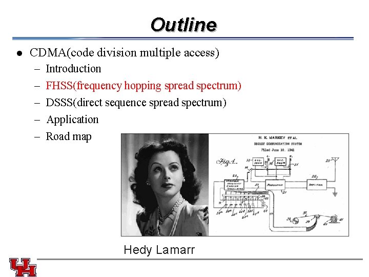 Outline l CDMA(code division multiple access) – – – Introduction FHSS(frequency hopping spread spectrum)