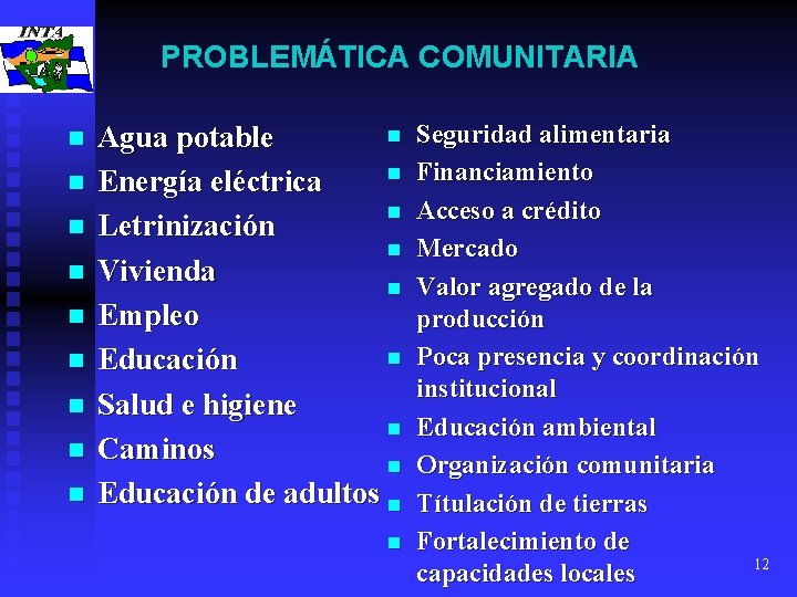 PROBLEMÁTICA COMUNITARIA n n n n n Agua potable n Energía eléctrica n Letrinización
