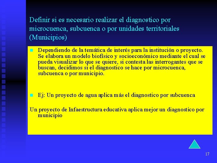 Definir si es necesario realizar el diagnostico por microcuenca, subcuenca o por unidades territoriales