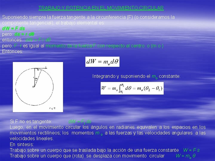 TRABAJO Y POTENCIA EN EL MOVIMIENTO CIRCULAR Suponiendo siempre la fuerza tangente a la