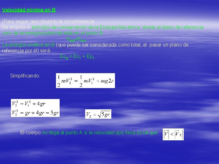 Velocidad mínima en B (Para seguir describiendo la circunferencia Se emplea el principio de