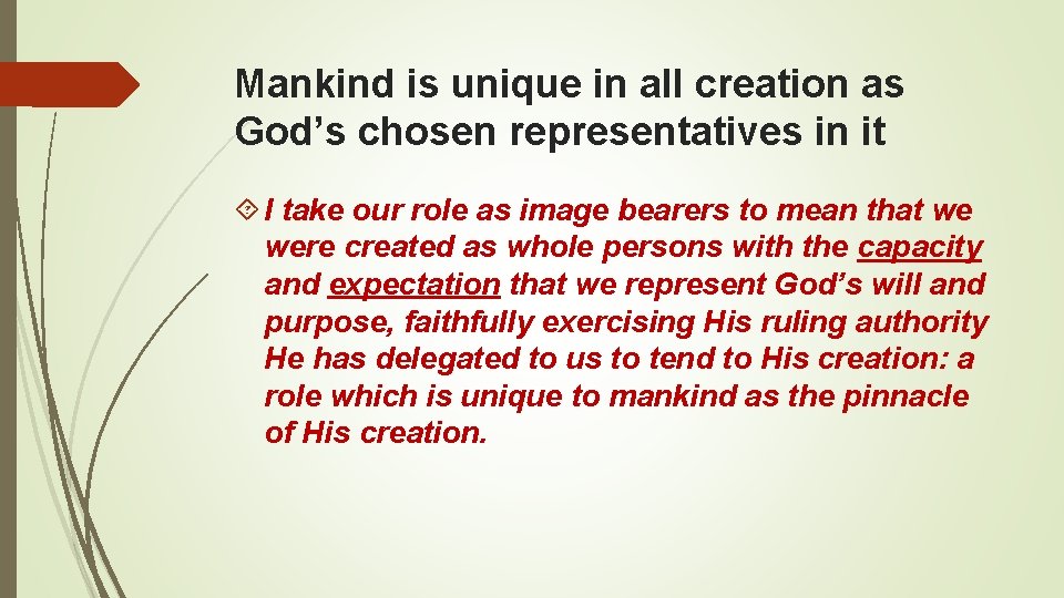 Mankind is unique in all creation as God’s chosen representatives in it I take