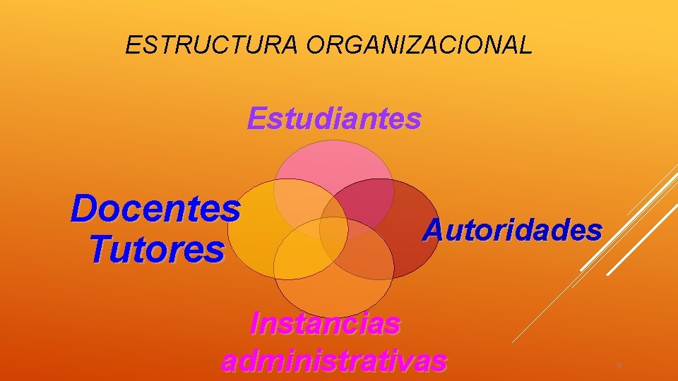 ESTRUCTURA ORGANIZACIONAL Estudiantes Docentes Tutores Autoridades Instancias administrativas 6 