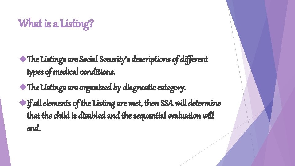 What is a Listing? The Listings are Social Security’s descriptions of different types of