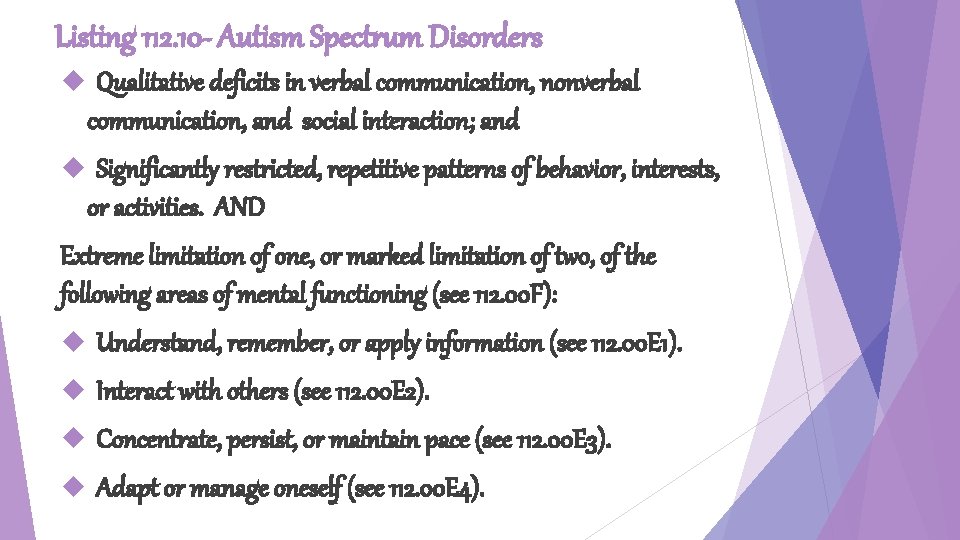 Listing 112. 10 - Autism Spectrum Disorders Qualitative deficits in verbal communication, nonverbal communication,