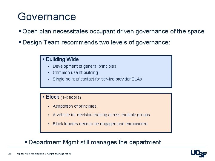 Governance § Open plan necessitates occupant driven governance of the space § Design Team