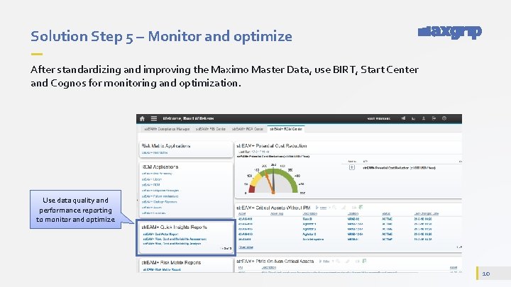 Solution Step 5 – Monitor and optimize After standardizing and improving the Maximo Master