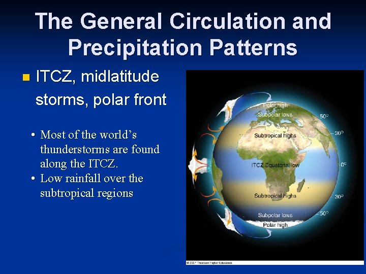 The General Circulation and Precipitation Patterns n ITCZ, midlatitude storms, polar front • Most