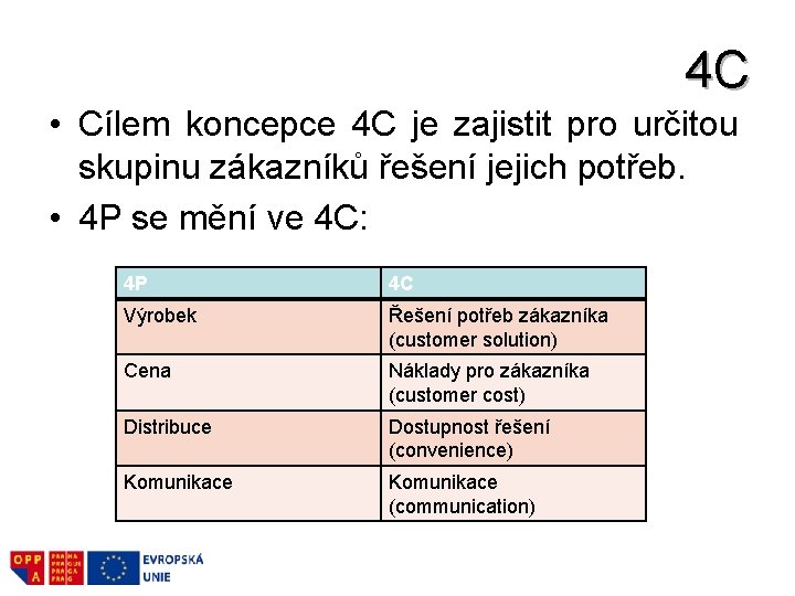 4 C • Cílem koncepce 4 C je zajistit pro určitou skupinu zákazníků řešení