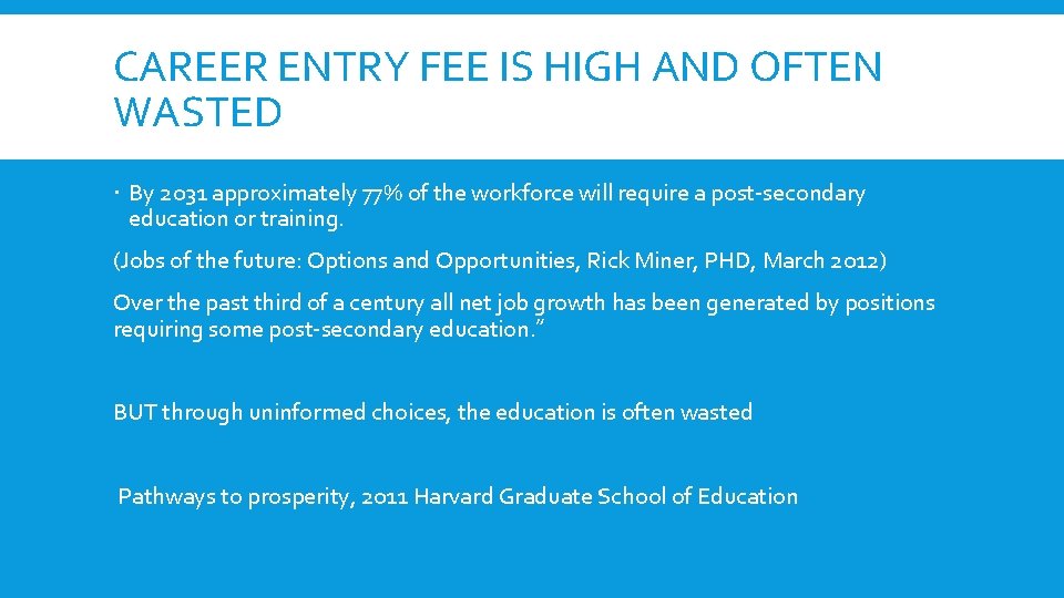 CAREER ENTRY FEE IS HIGH AND OFTEN WASTED By 2031 approximately 77% of the
