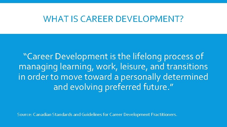 WHAT IS CAREER DEVELOPMENT? “Career Development is the lifelong process of managing learning, work,