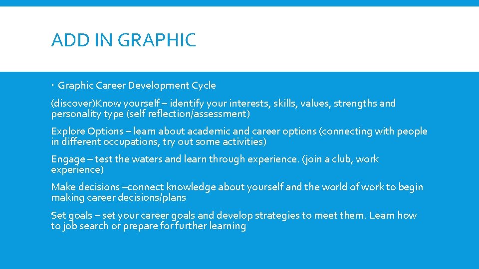 ADD IN GRAPHIC Graphic Career Development Cycle (discover)Know yourself – identify your interests, skills,