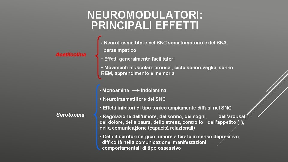 NEUROMODULATORI: PRINCIPALI EFFETTI • Neurotrasmettitore del SNC somatomotorio e del SNA Acetilcolina parasimpatico •