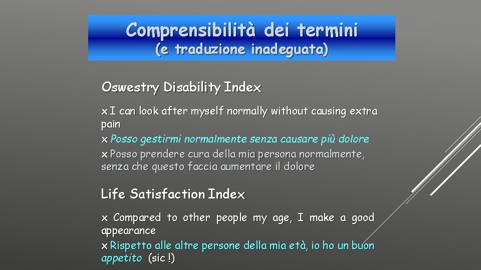 Comprensibilità dei termini (e traduzione inadeguata) Oswestry Disability Index x I can look after